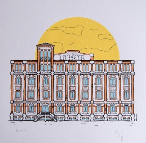 Il·lustració serigrafiada de la col·lecció Arquitectura Oblidada de Nus Creacions